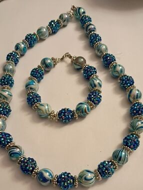 Blue Crystal and Marbled Bead Necklace with Matching Bracelet